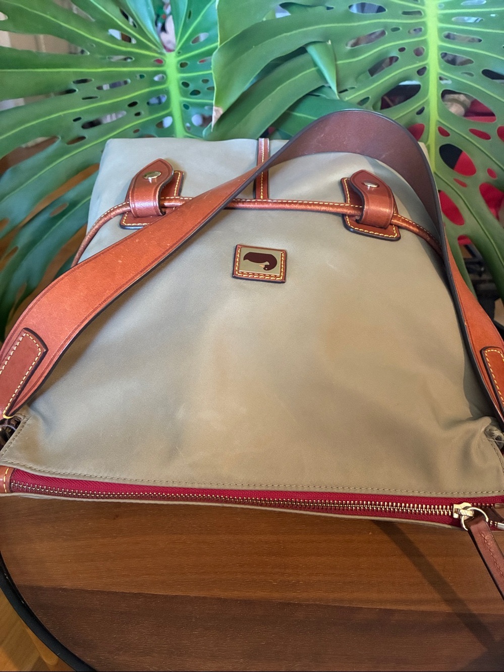 Dooney & Bourke Tan Satchel Nylon⁹ Hobo Bag with Brown Leather Trim - Picture 7 of 9